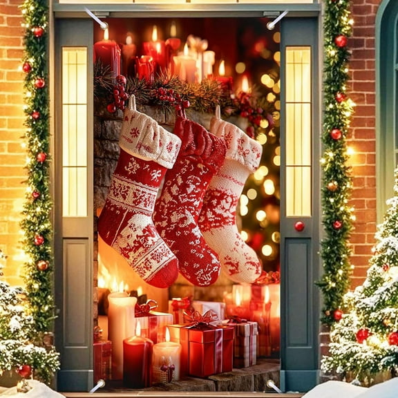 YingYouFu Christmas Door Cover Curtain 35.4x70.8 Inches Santa Claus Puppy Background for Door Wall Holiday Party Decor