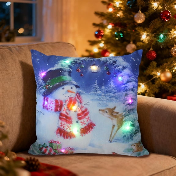 YingYouFu Christmas LED Pillow with Flashing and Steady Light Modes Plush Print Sofa Cushion for Holiday Gift and Home Decor