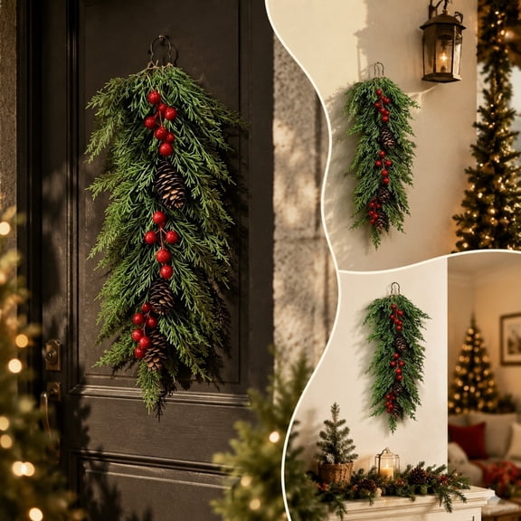 YingYouFu Christmas Pine Teardrop Swag, Artificial Cedar Wall Hanging Garland Fir, Pinecone Decoration for Front Door Entryway Living Room Wall Mantel