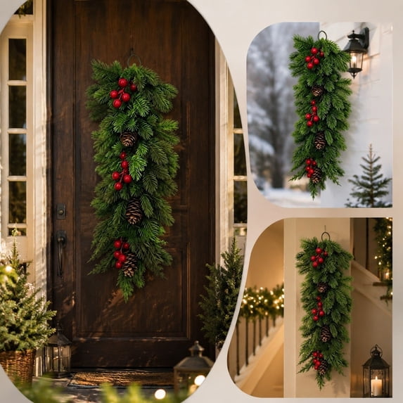 YingYouFu Christmas Pine Teardrop Swag, Artificial Cedar Wall Hanging Garland Fir, Pinecone Decoration for Front Door Entryway Living Room Wall Mantel