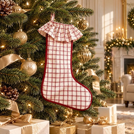 YingYouFu Christmas Red and White Check Stockings with Ruffled Cuff , Xmas Large Hanging Stockings Decorations for Christmas Tree Fireplace Family Holiday Party Decor