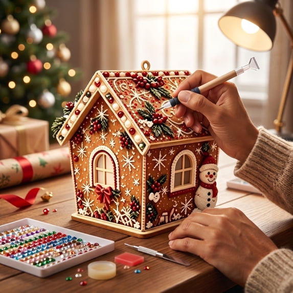 YingYouFu Christmas Wooden House Diamond Art Ornaments, Cute 3D Pearl Painting Crafts for Adults, Home Indoor Christmas Decorations for Wall Party Holiday