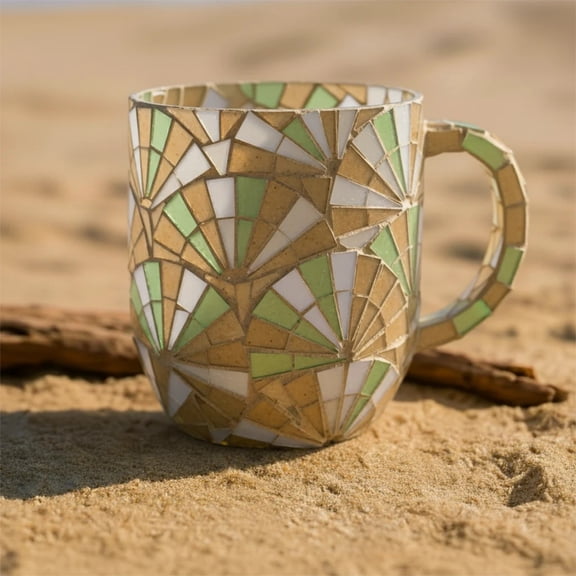 YingYouFu Coastal Mosaic Mug, Ceramic Coffee Cup with Beach Design for Hot and Cold Drinks, Handmade Look Gift for Kitchen Office