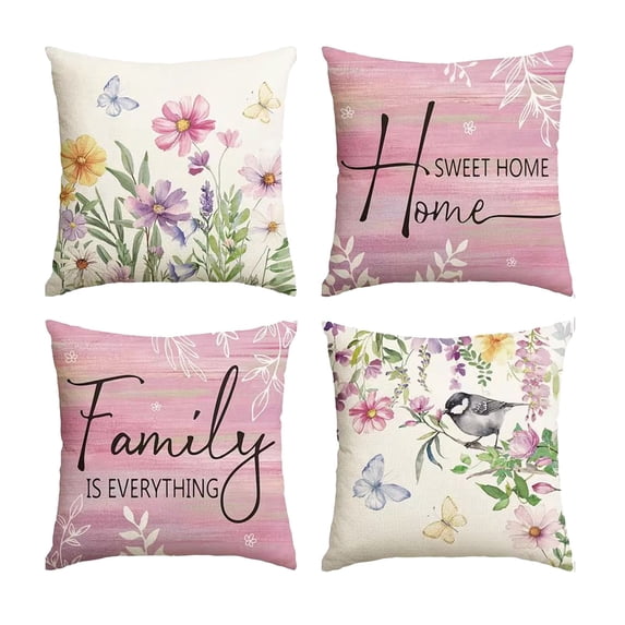YingYouFu Colorlife Spring Saying Flowers Butterfly Pink Throw Pillow Covers,Home Sweet Home Cushion Case for Sofa Couch Set of 4