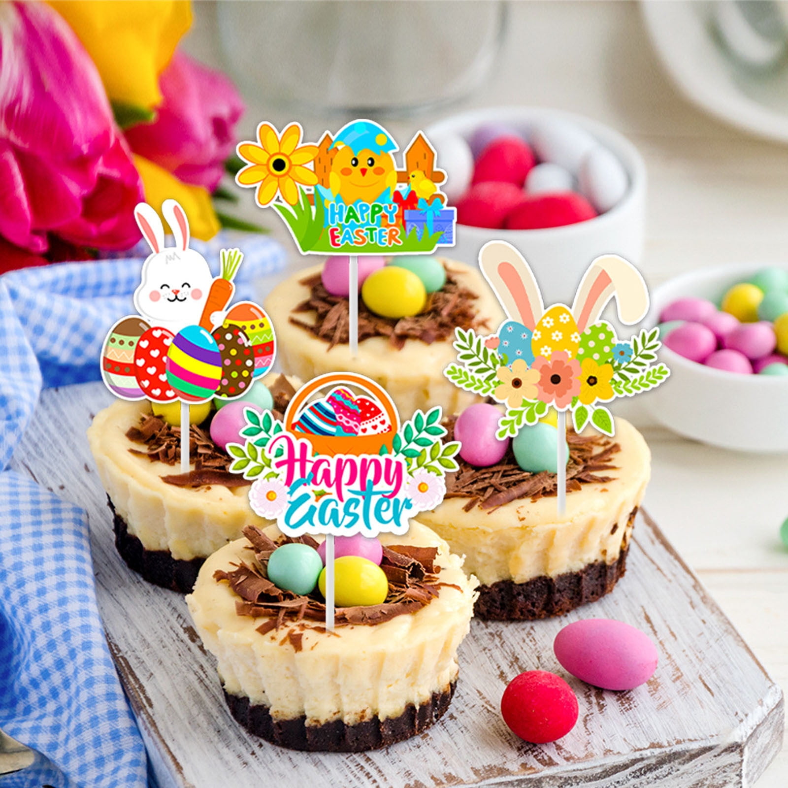 YingYouFu Easter Cake Flag Insert - 12PCS Bunny Cup Flags for Cake Toppers and Party Supplies