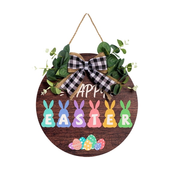YingYouFu Easter Door Hanger, Wooden Welcome Sign with Green Plants, Handcrafted Farmhouse Wall Decoration for Front Door, Indoor Outdoor Festival Home Decor, Multicolor