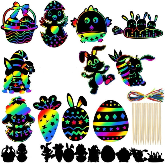 YingYouFu Easter Eggs Art Set Scratch Paper Craft Kit with 12 Mini Notes, Colorful Ribbon and Wooden Stick for Kids Party Activities, DIY Tree and Holiday Decor Projects