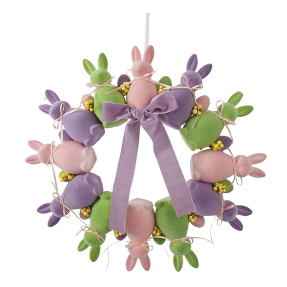 YingYouFu Easter Flocked Rabbits Wreath Purple with Bow, Realistic Artificial Animal Figurine Decoration for Spring Door, Wall and Home Decor