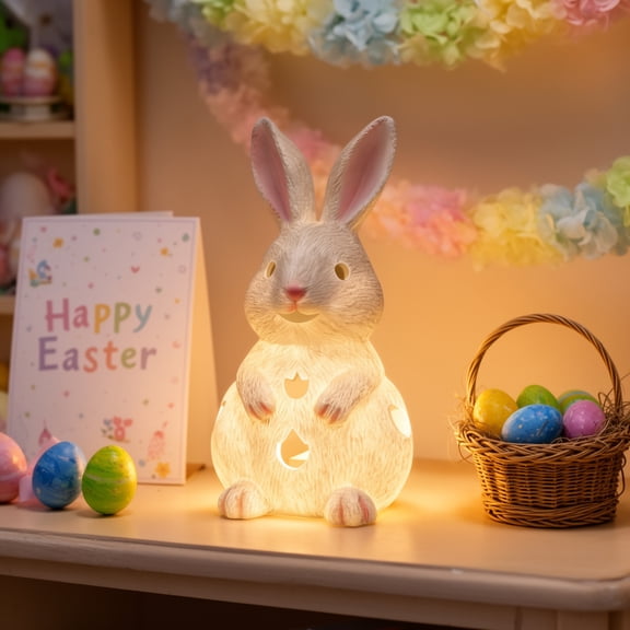 YingYouFu Easter Glowing Bunny Ornament, Resin Rabbit Candle Holder Statue, Illuminated Holiday Decor for Home Garden Mantel Centerpiece