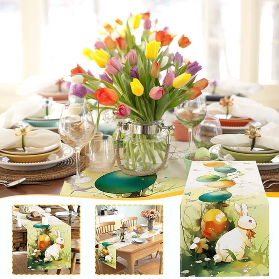 YingYouFu Easter Table Flag, Bow and Egg Printed Tablecloth Mat for Living Room Tea Table Decor, Spring Holiday Party Decoration and Home Dining Accessory