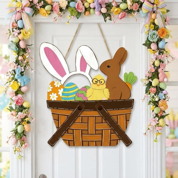 YingYouFu Easter Wooden Door Sign, Bunny Basket with Eggs Chick Hanging Decor, Wood Cutout Ornament for Front Door Porch Wall Spring Party Supplies