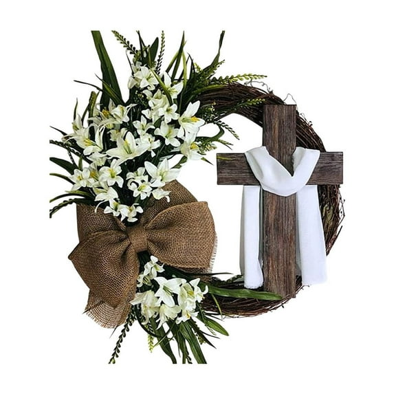 YingYouFu Easter Wreath Wall Hanging Decor with Bunny and Cross Design, Spring Home Door Decoration for Festival Celebration, Combination of Religious Symbolism and Holiday Decor