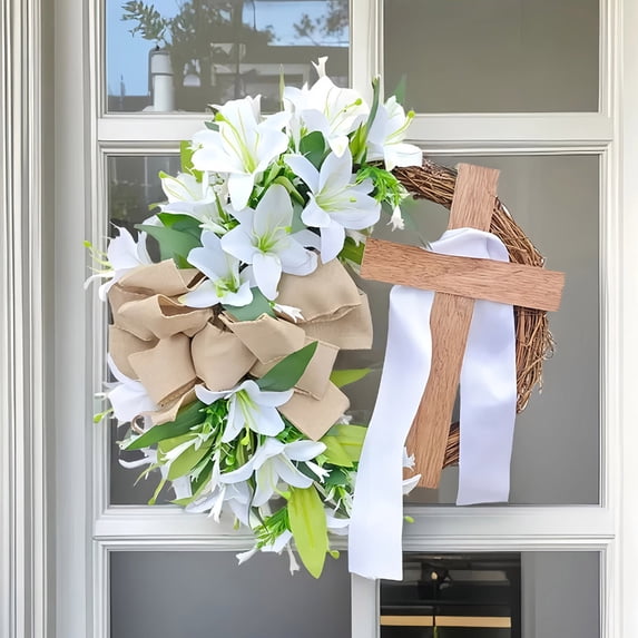 YingYouFu Easter Wreath, Wooden Frame Simulation Lily Wreath for Door Hanging Home Decoration, Spring Holiday Front Porch Decor