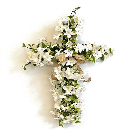 YingYouFu Easter Wreath, Wooden Frame Simulation Lily Wreath with Cross for Door Hanging Home Decoration, Spring Holiday Front Porch Decor