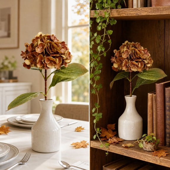 YingYouFu Faux Hydrangea Bouquet, Artificial Dried Hydrangea Flowers with Leaves, Brown Fall Fake Hydrangea for Home Vase, Wedding Centerpiece and Fall Decor