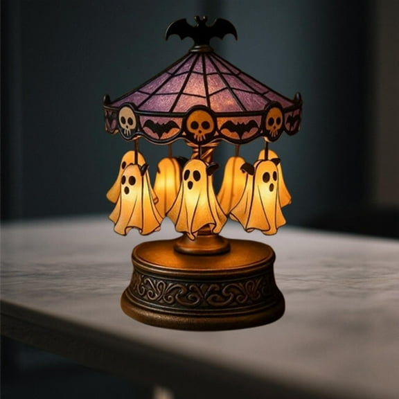 YingYouFu Ghost Carousel Night Light, Rotating Halloween Desk Lamp with Stained Glass Circus Tent Base Ghosts Bats Skeletons, Spooky Room Decor