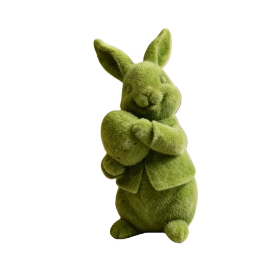 YingYouFu Gift Boutique Green Fuzzy Flocked Bunny Easter Holiday Spring Decor Rabbit Figurines Garden Artificial Animal Moss for Indoor Table Home, Kitchen, Shelf Decorations Furry Covered Rabbits