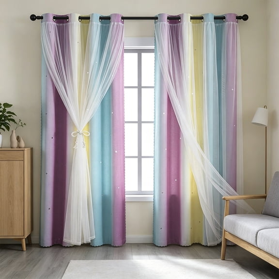 YingYouFu Gradient Striped Double Layer Integrated Blackout Curtain Panels,Starry Sky Colored Light Blocking Window Curtain Set,Stylish Light Filtering Drapery for Bedroom,Wall Accent Decor