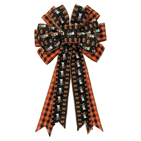 YingYouFu Halloween Bow, Decorative Wreath Bow with Lace Edge andmpkin Ghost Patterns, Imitation Fabric Bowknot for Halloween Party Decor and Festive Home Decoration, Multicolor