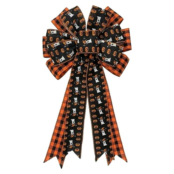 YingYouFu Halloween Bow, Decorative Wreath Bow with Lace Edge andmpkin Ghost Patterns, Imitation Fabric Bowknot for Halloween Party Decor and Festive Home Decoration, Multicolor