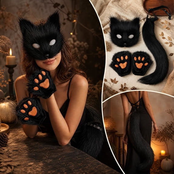 YingYouFu Halloween Cat Face Cover Set, Furry Tail Knitted Paw Gloves Set Festive Dress Up Accessory, for Halloween Party Dress Up Holiday Event Indoor Outdoor