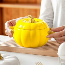 YingYouFu Halloween Ceramic Pumpkin Bowl with Lid 400ml Two Handles for Milk Oatmeal Soup Breakfast Tableware Holiday Gift