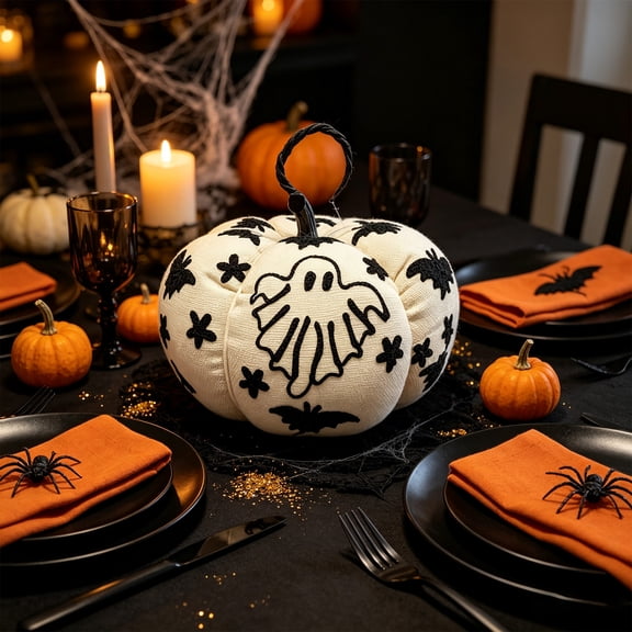 YingYouFu Halloween Embroidered Linen Pumpkin, Stuffed Linen Pumpkin Ornament for Holiday Decor, Tabletop Decorative Ornament for Home Mantel Shelf Party Seasonal Decoration