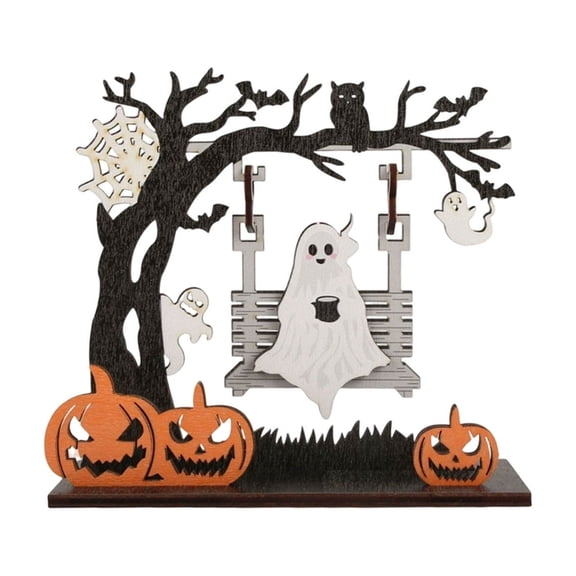 YingYouFu Halloween Wooden Rocking Swing Ornament, Pumpkin Ghost Skeleton Printed Decor, Cute Tabletop Accent for Office Desks, Home Living Spaces, Halloween Party Displays