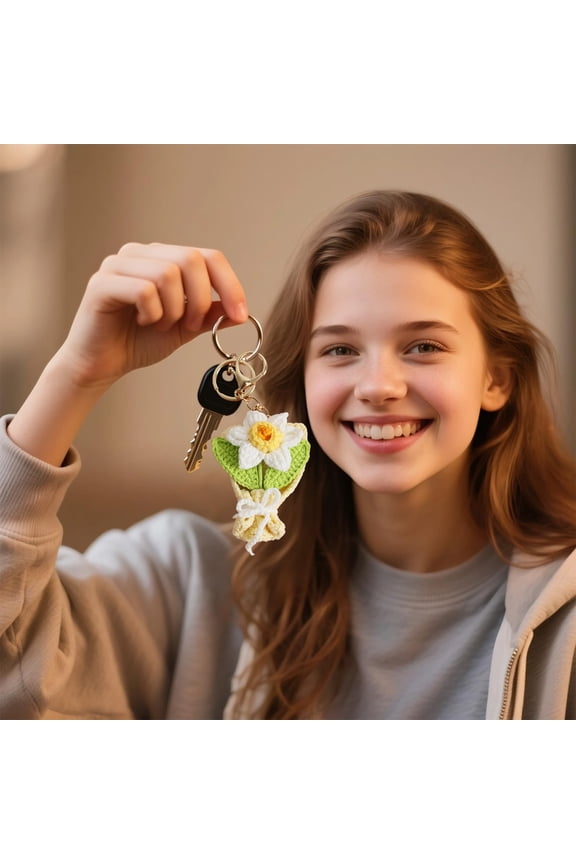 Hand Knitted Flower Bouquet Keychain Crochet Floral Bag Charm Pendant for Purse Backpack Valentines Day Gift