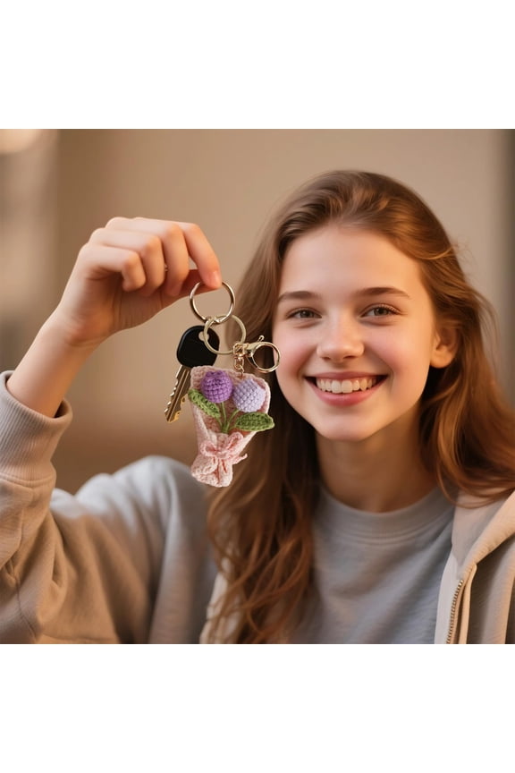 Hand Knitted Flower Bouquet Keychain Crochet Floral Bag Charm Pendant for Purse Backpack Valentines Day Gift