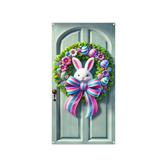 YingYouFu Happy Easter Door Cover Bunny Banner Large Fabric Colorful Spring Welcome Decoration for Easter Party Photo Booth Background Favor Supplies
