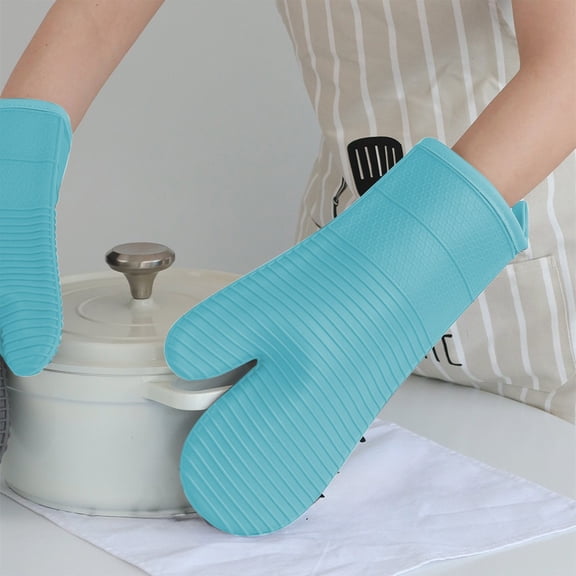 YingYouFu Heat Proof Silicone Oven Gloves for Baking, Extra Long & Thickened Kitchen Mitts, Non- Microwave Safe Cooking Gloves, Dishwasher Safe BBQ Grill Gloves, Sky Blue
