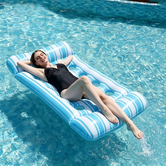 YingYouFu Inflatable Floating Bed Lounger, Pool Air Mattress with Headrest for Swimming, Tropical Stripe Water Sleeping Pad for Beach