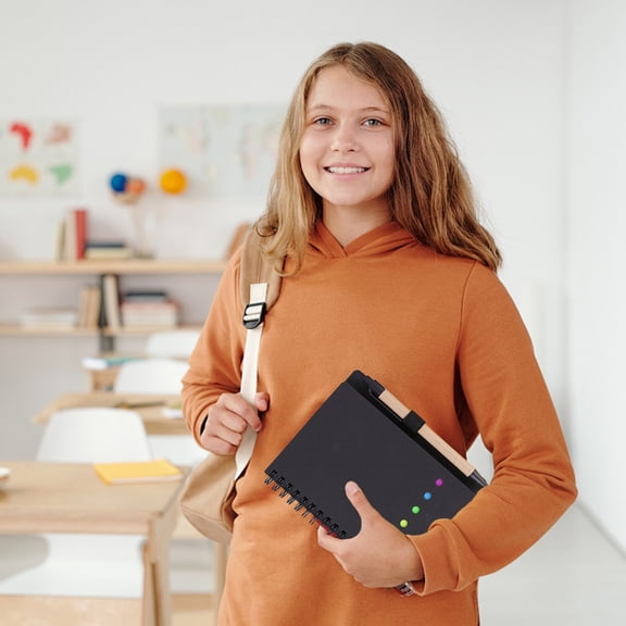 YingYouFu Kraft Paper Coil Notebook with Stickers & Indexes - A5 Grids Notebook for Business, Office - 8mm Spacing, 70 Pages, Durables Cover, Portable, Includes Notes & Pen, Black