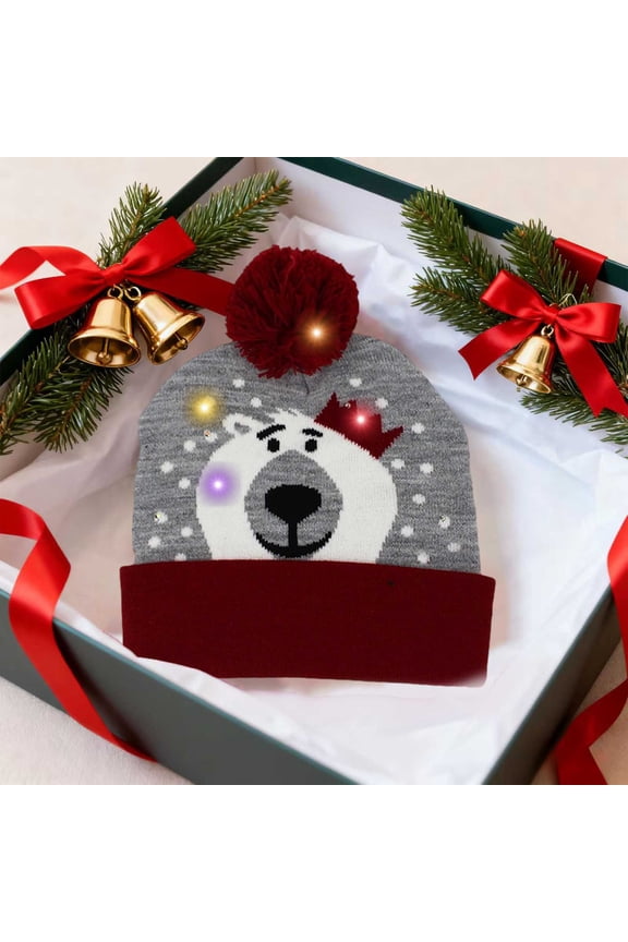 LED Christmas Hat with Santa Claus Pattern, Knitted Beanie with Pompom for Winter Warmth, Ear Protection for Holiday Parties and Gifts