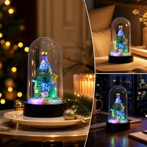YingYouFu Lighted Christmas Cloche Decor, Battery Operated Mini Scene Ornament, Tabletop Tree Dome Decoration for Party Home Gift Present Display