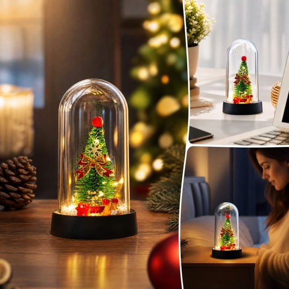 YingYouFu Lighted Christmas Cloche Decor, Battery Operated Mini Scene Ornament, Tabletop Tree Dome Decoration for Party Home Gift Present Display