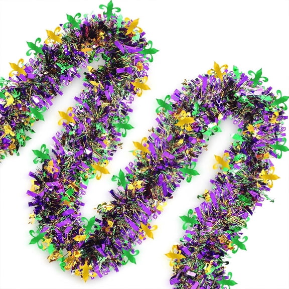 YingYouFu Mardi Gras Tinsel Garland Decorations, Green Gold Purple with Fleur-De-Lis Chunky Glittery Holiday Hanging Tinsel Decorations for Carnival Parade Car Party Supplies Home Decor