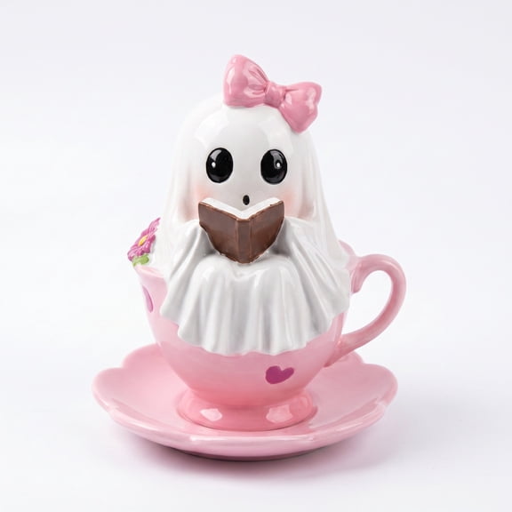 YingYouFu Pink Teacup Ghost Reading Book Ceramic Statue with Saucer, Bow Heart Floral Ghost Figurine, Pastel Halloween Tabletop Decor for Bedroom Office Shelf Tiered Tray Decor & Holiday Presents