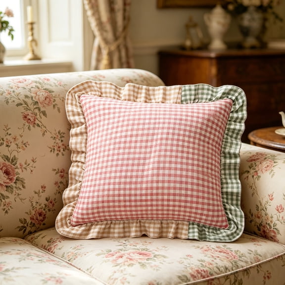 YingYouFu Plaid Ruffled Throw Pillow 45x45cm, Three Color Patchwork Heart Decorative Cushion, Boho Farmhouse Living Room Bedroom Sofa Couch Chair Car Seat Decor