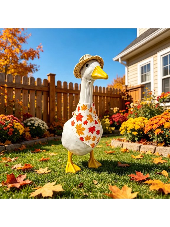 Rustic Autumn Farmhouse Goose Attire Set,Straw Hat Maple Leaf Triangle Scarf Outfit Components,Seasonal Yard Decor for Front Walkway,Courtyard Spaces,Outdoor Harvest Scene Layout