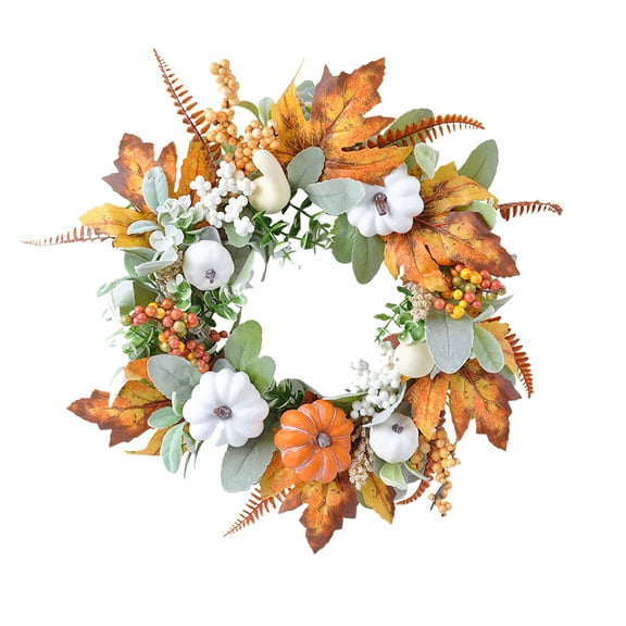 YingYouFu Simulation Pumpkin Maple Leaf Wreath, Fall Thanksgiving Halloween Door Hanging Decor for Home and Party