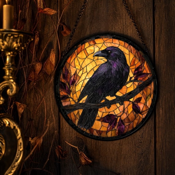 YingYouFu Stained Glass Style Window Hanging Decor, Castle Crow Pattern Suncatcher Ornament, Decorative Wall Hanging for Home Window Party Seasonal Decoration