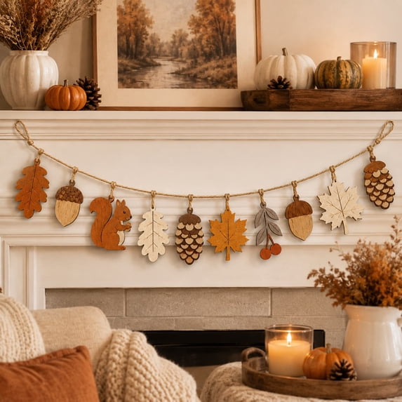 YingYouFu Thanksgving Fall Mantel Indoor Decoration for Home, Fall Leaves Wood Garland, Fall Banner Acorn Decor for Fireplace Ornaments, Porch, Wedding, Harvest Festival Farmhouse Decor