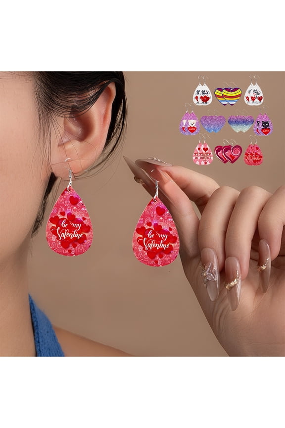 Valentine's Day Leather Earrings European Style Heart Print Fashion Accessory for Women Holiday Party Gift 10 Pairs PU Material Dangle Design