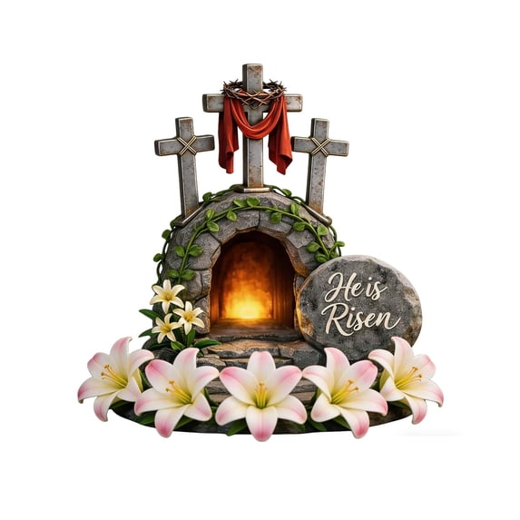 YingYouFu Wood Easter Resurrection Scene Cross Table Decor - He is Risen Religious Decor for Tabletop, Mantels, Tray & Perfect Christian Home Holiday Gifting
