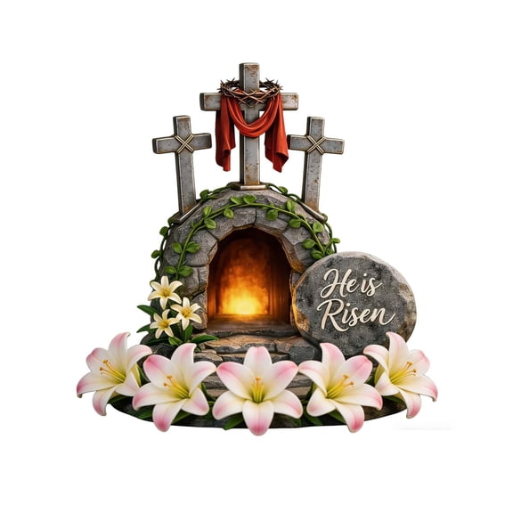 YingYouFu Wood Easter Resurrection Scene Cross Table Decor - He is Risen Religious Decor for Tabletop, Mantels, Tray & Perfect Christian Home Holiday Gifting