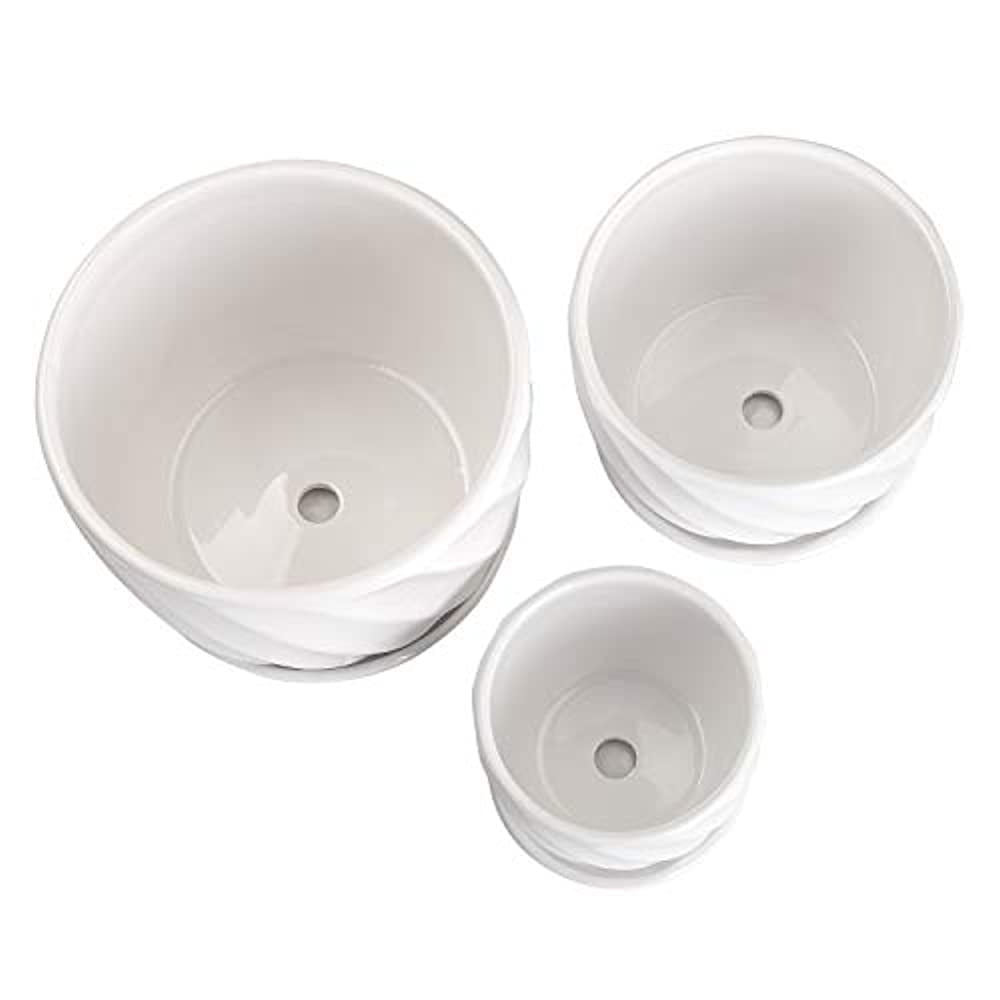 Set of 3 White Ceramic Indoor/Outdoor Planters with Saucers