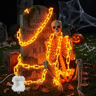 Yinghao 10FT Battery Operated Halloween Plastic Chain String Lights Decor 160 Orange LED, Spooky Outdoor Decorations for Skeleton Dog, Yard Skeleton