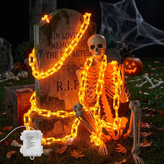 Yinghao 10FT Battery Operated Halloween Plastic Chain String Lights Decor 160 Orange LED, Spooky Outdoor Decorations for Skeleton Dog, Yard Skeleton